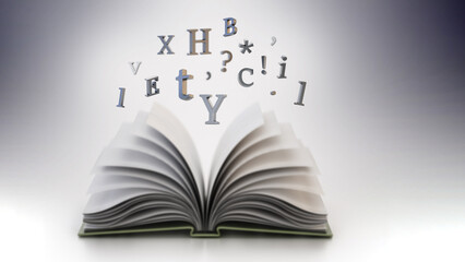 Open book with flying letters in the air. 3D illustration