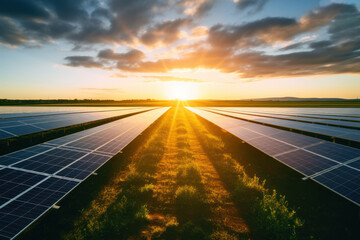 Solar panels in a field against a sunset background. The concept of environment, renewable sources, alternative energy and ecology. - obrazy, fototapety, plakaty