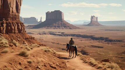 A person riding a horse on a dirt road surrounded by rocky hills - Powered by Adobe
