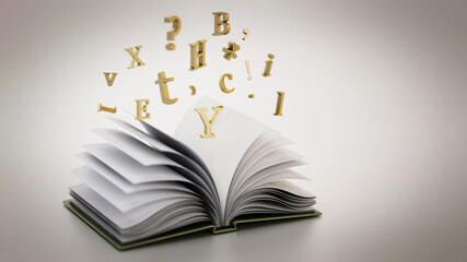 Open book with flying letters in the air. 3D illustration