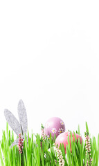 Bright composition with green grass, rabbit ears and traditional decorations on white background. Happy Easter background concept, vertical image.