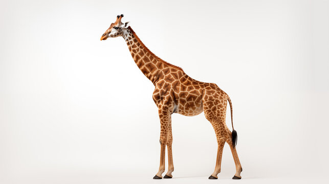 A giraffe full body against a bright white background