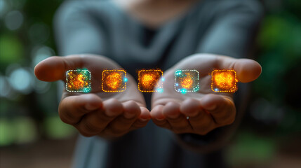 Person holding holographic cubes with glowing patterns in hands