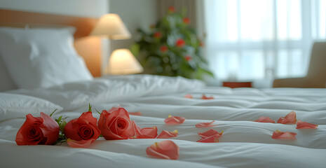 exclusive hotel room with a large bed with beautiful sheets covered in red roses, to celebrate a romantic date