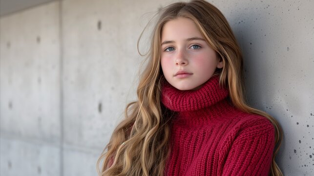 Portrait of thoughtful young girl in red sweater by concrete wall