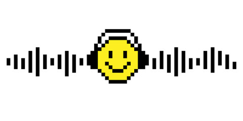 Pixelated retro emoji smile. Head in headphones with musical waves.
