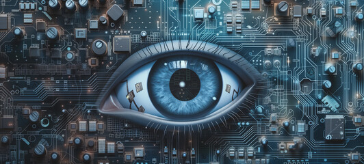 Close-up of a digital eye high-tech. Robotics and artificial intelligence concept