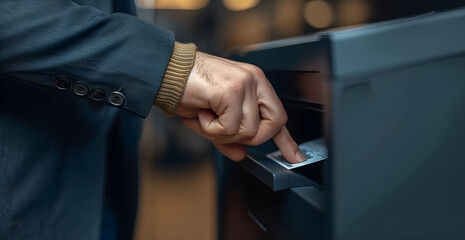 detail of a hand next to an ATM, the card can be seen coming out of the module