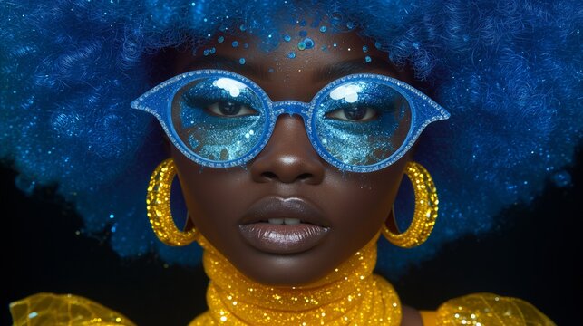 Stunning portrait of woman with blue afro and sparkling makeup