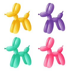 vector set of colourful cartoon dog balloons. yellow, pink, purple, green balloons.  balloon with helium dog