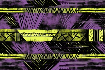 Fototapeta na wymiar Lilac, chartreuse, and ebony seamless African pattern, tribal motifs grunge texture on textile