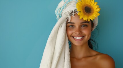 Radiant beauty with sunflower, woman smiling in spa towel on teal background