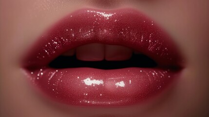 Obraz premium Close-up of shimmering red lips with glossy makeup, seductive beauty concept