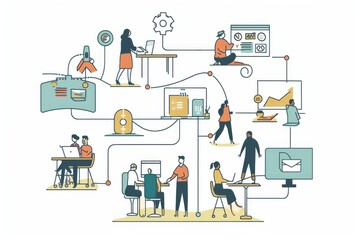 In a world of connectivity, professionals navigate the digital landscape, their actions intertwined by colourful pathways of data and innovation