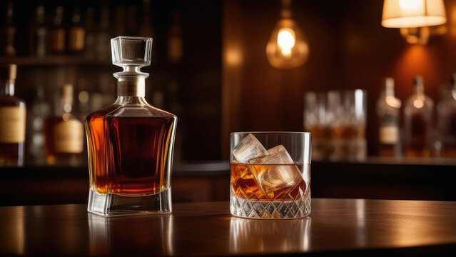 Glass of whiskey with ice, decanter of whisky at bar counter, blurred moody dark background, selective focus