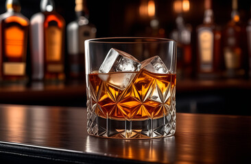 Glass of whiskey with ice on the bar counter, evening after work drink, copy space with bottles on background