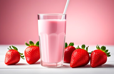 Glass full of strawberry milk with straw and ripe berries on a white wooden table and pink background