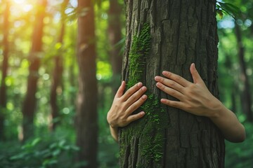 hands hugging the trunk of a tree