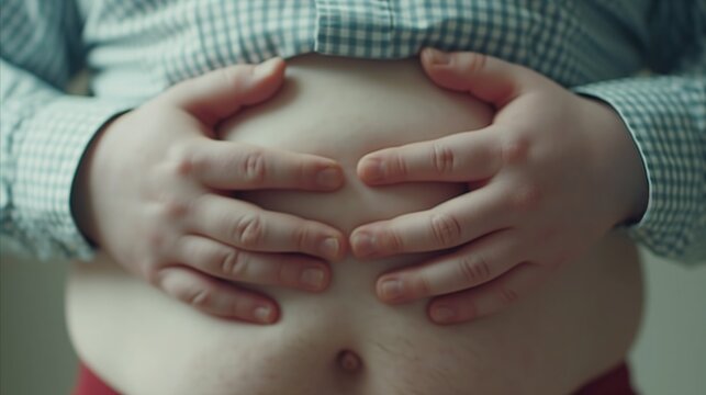 A person in discomfort holds their stomach with both hands, possibly indicating pain or digestive issues
