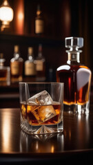 Glass of whiskey with ice, decanter of whisky at bar counter, blurred moody dark background, selective focus