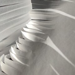 Abstract background of white sheets of paper folded in a spiral with shadows