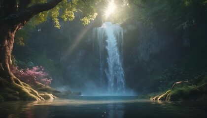 Fototapeta na wymiar Beautiful magical waterfall in the forest, fantasy and fairy tale whimsical serene background concept Wallpaper, 4k nature created with generative ai 