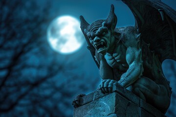 Naklejka premium A close-up of a spooky gargoyle statue against a moonlit sky