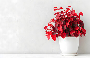 home plant with green and red leaves on white pot on white wooden table over white background.