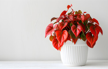 home plant with green and red leaves on white pot on white wooden table over white background.