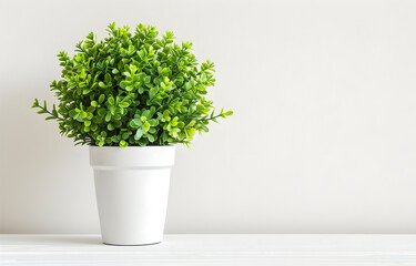 Green home plant on white pot on white wooden table over white background.