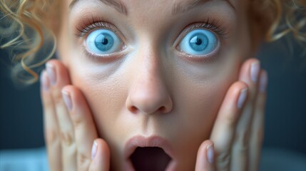 Shocked woman with wide eyes and hands on face expressing surprise