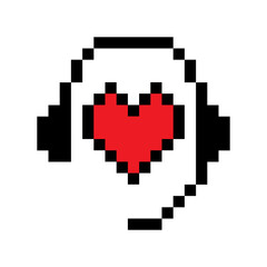 Pixelated heart with headphones icon. Customers help. Bot support.