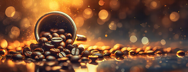 Spilled Coffee Beans and Magical Bokeh Lights. Coffee beans spill from a tilted cup surrounded by magical bokeh lights, creating a warm and inviting atmosphere