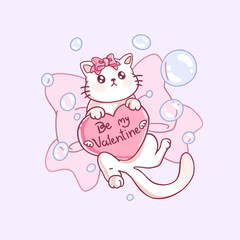 St. Valentine illustration with cute cat with heart 