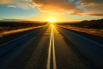 A long open road during sunset depicting the way ahead, goals, hope, adventure, or freedom - obrazy, fototapety, plakaty