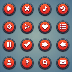 Set of red round buttons: play, close, music, retry, settings, share, rate, menu, pause, right, arrow, contact, question, search, mail for building games. Casual game button in a cartoon style.