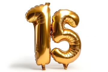 Number Fifteen (15) Shaped Golden Foil Balloons on a White Background. Generative AI.