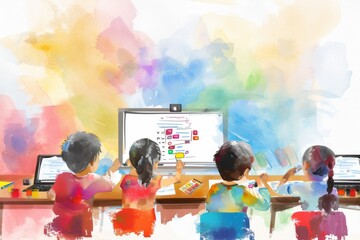 Illustration of vivid technology-infused classroom, showcasing the positive impact of digital tools on learning experiences in primary education - obrazy, fototapety, plakaty