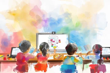 Fotobehang Illustration of vivid technology-infused classroom, showcasing the positive impact of digital tools on learning experiences in primary education © David