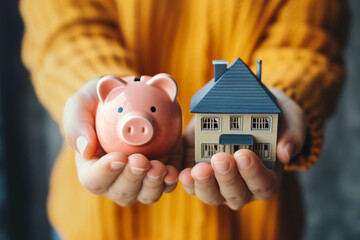 A person holding a piggy bank and a house depicting the concept of saving up for a house, buying a home, or real estate investment