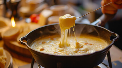 Delicious cheese pull from a fondue pot, captured in a warmly lit setting, epitomizing comfort food.
