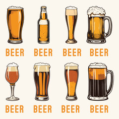 Set of Hand drawn Beer Mug Glass Engraved Vintage