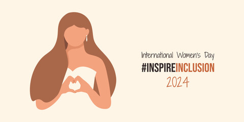 Minimalist illustration with InspireInclusion slogan and girl with long long hair and festive ball gown. Inspire Inclusion International Women's Day banner. Woman fold her hands with heart IWD 2024