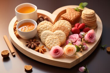 Board with Crackers Cookies and Various sweets in the shape of a heart. Food photography