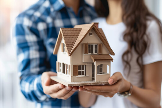 A couple holding the model of a house depicting buying a house together, home ownership, or real estate investment