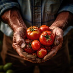 A close-up shot of a farmer's hands holding freshly picked tomatoes