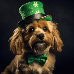 A dog in a leprechaun hat. St. Patrick's Day