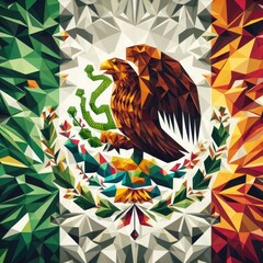 Mexico national flag in Polyart style, made up of geometric polygons, digital art. Created with generative AI