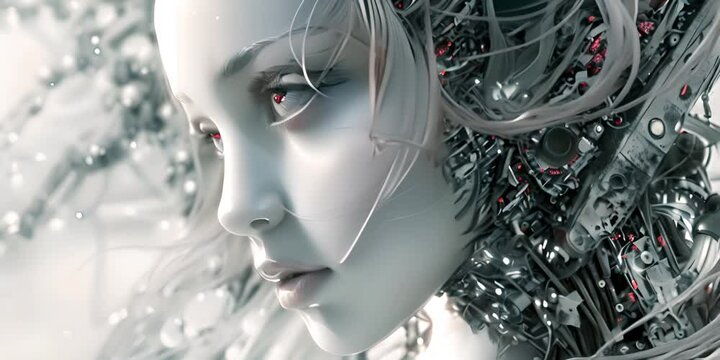 Abstract close up of an android female futuristic robot with glowing red eyes, artificial intelligence concept Generative AI 