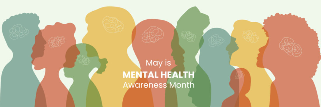 Banner May is Mental Health Awareness month. Reminding about importance of good state of mind. Psychological well-being presentation. Horizontal design with Diversity people silhouette in flat style